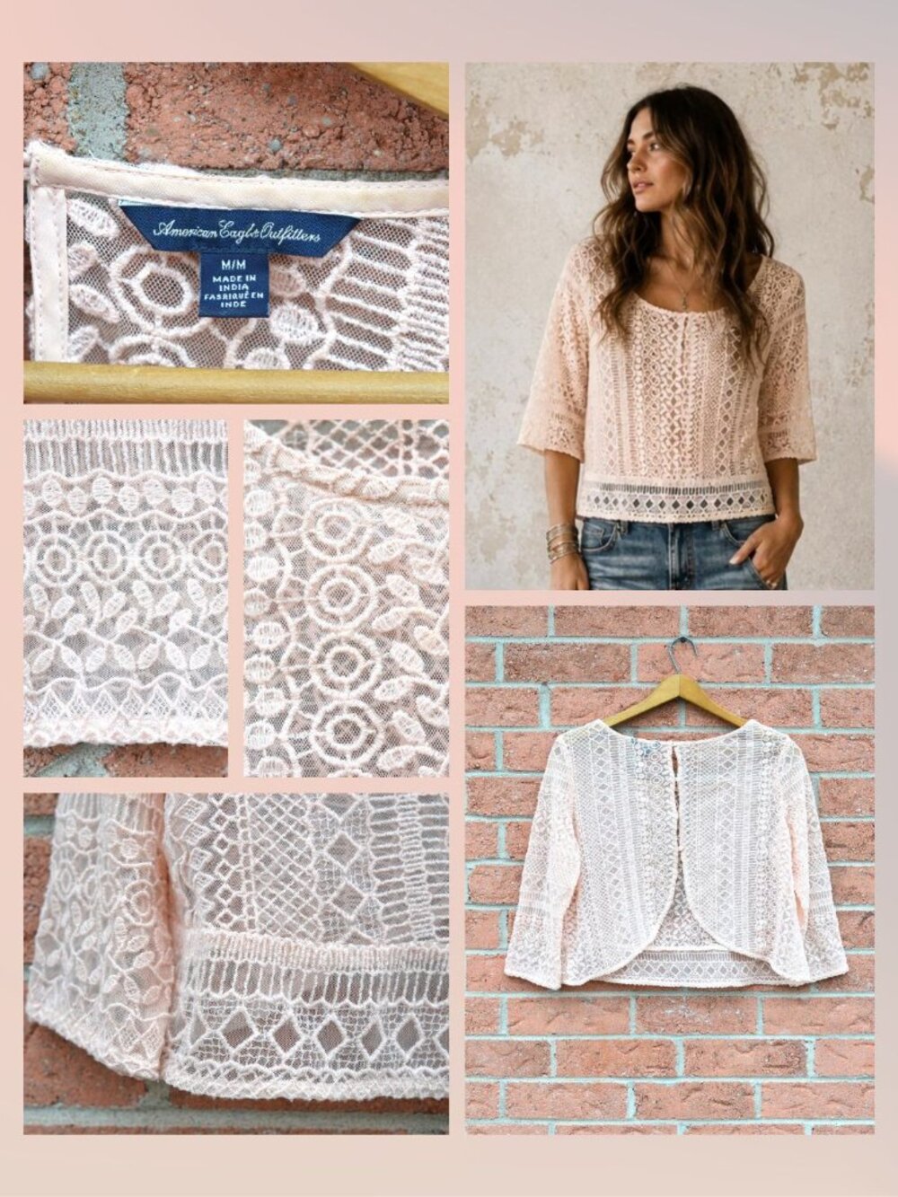 American Eagle Outfitters blush lace crochet blouse – romantic boho balletcore